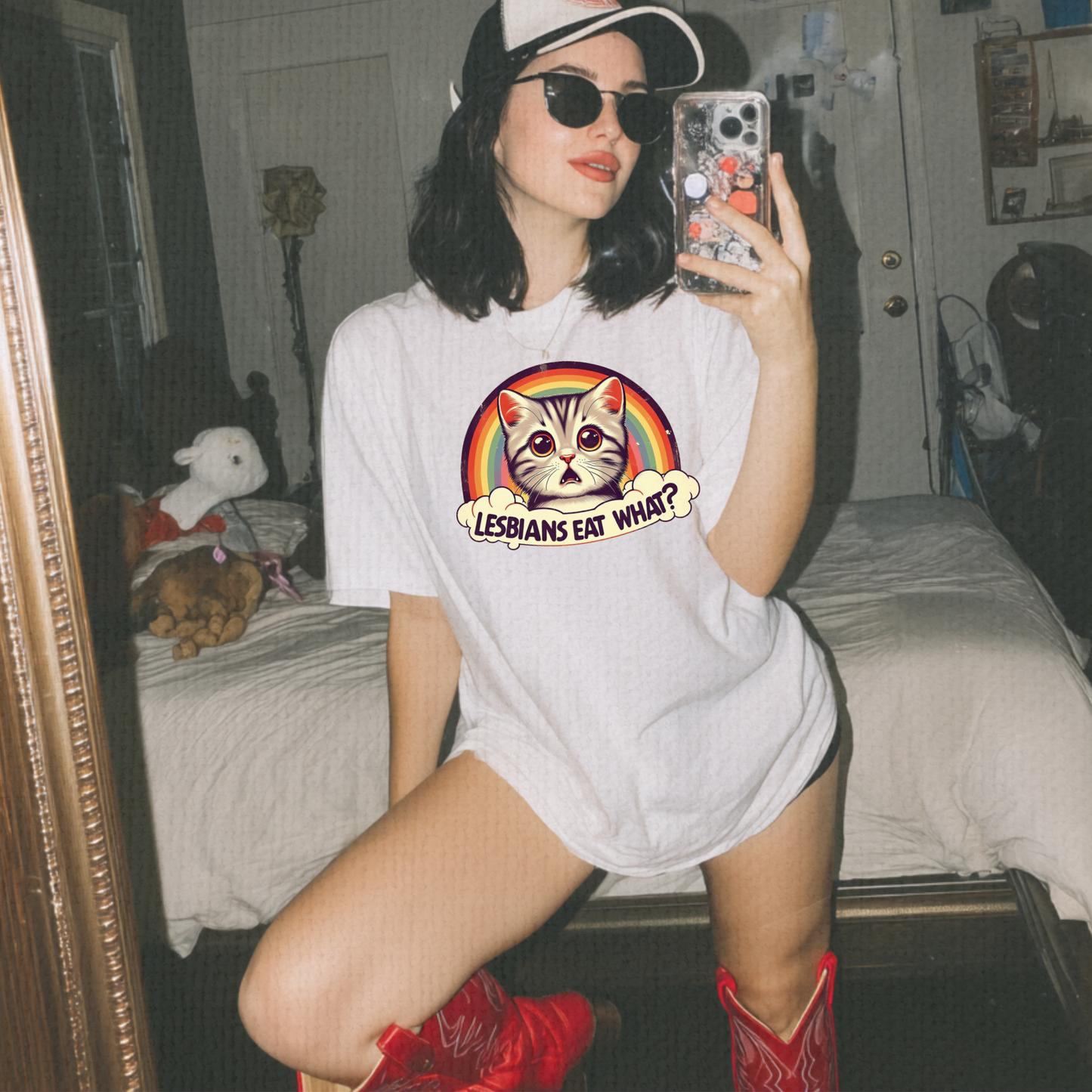 Lesbians Eat What? Funny Cat Tee – Retro Rainbow Pride Shirt