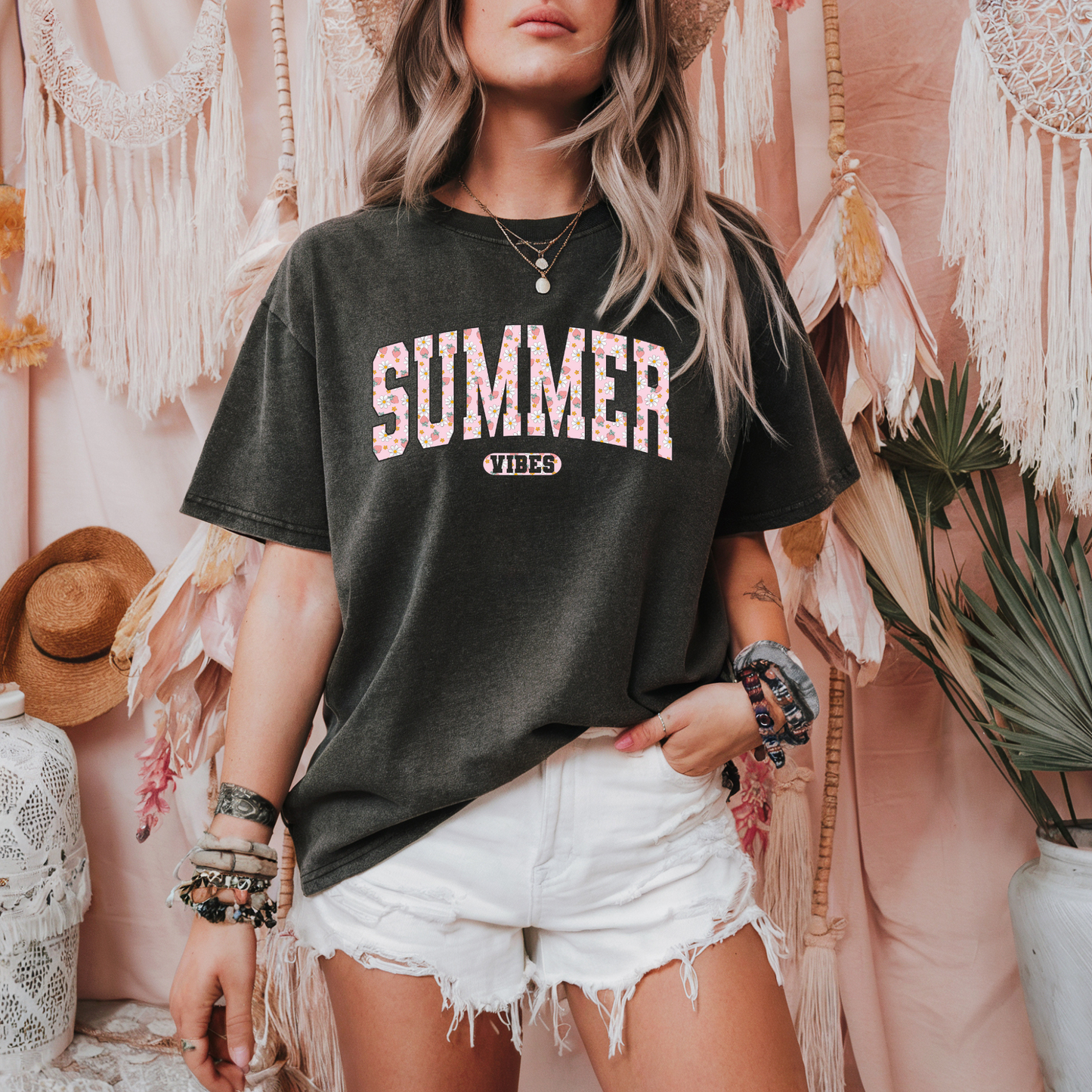 Summer Vibes Shirt – Floral Varsity Comfort Colors Tee for Beachy Mood Boosts