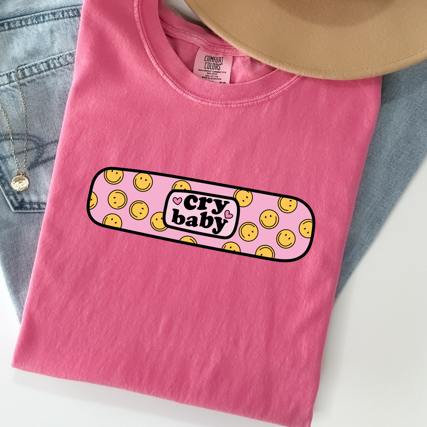 Cry Baby Tee – Cute Pastel Comfort Colors Shirt with Bandage Graphic, Soft Sarcastic Mental Health T-Shirt