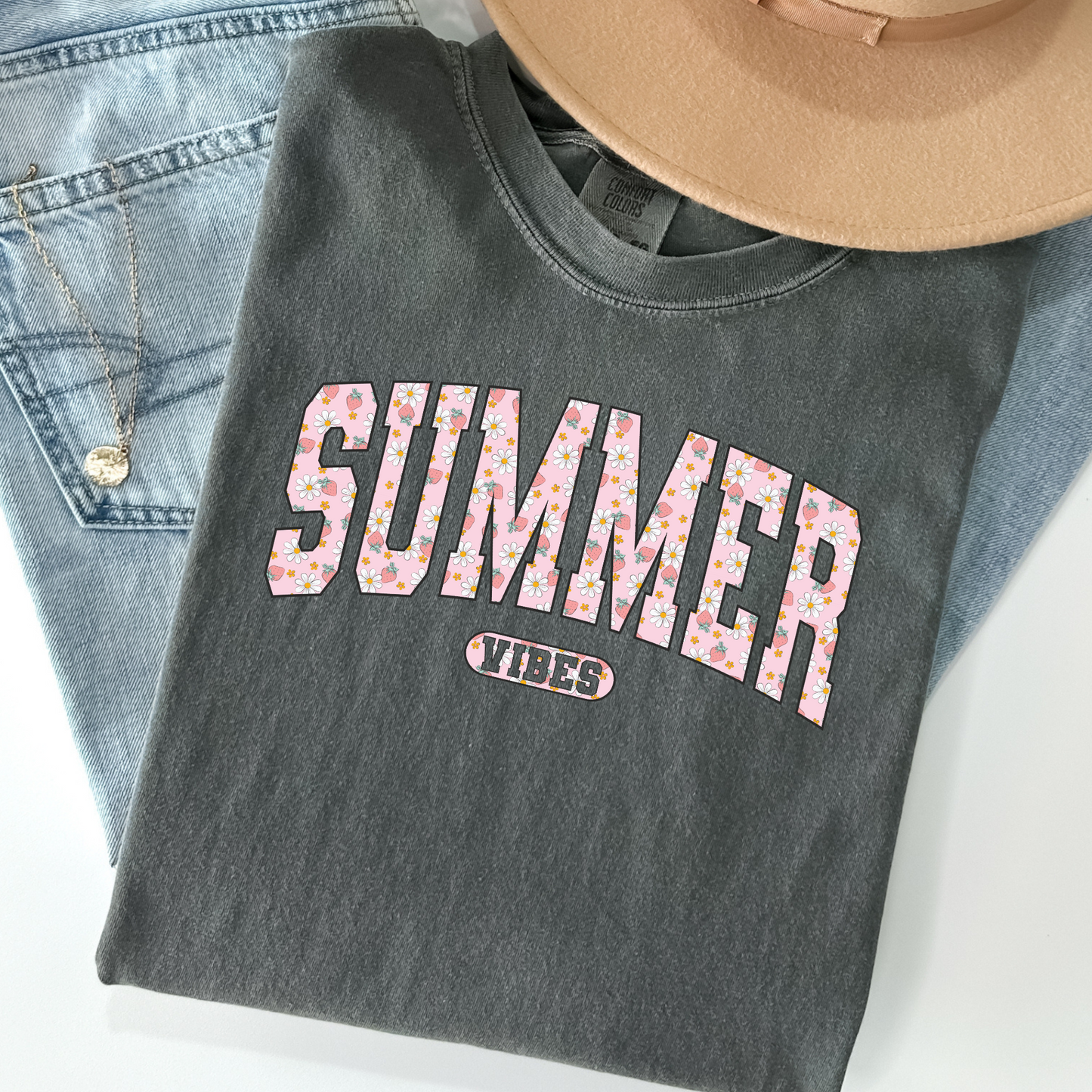 Summer Vibes Shirt – Floral Varsity Comfort Colors Tee for Beachy Mood Boosts
