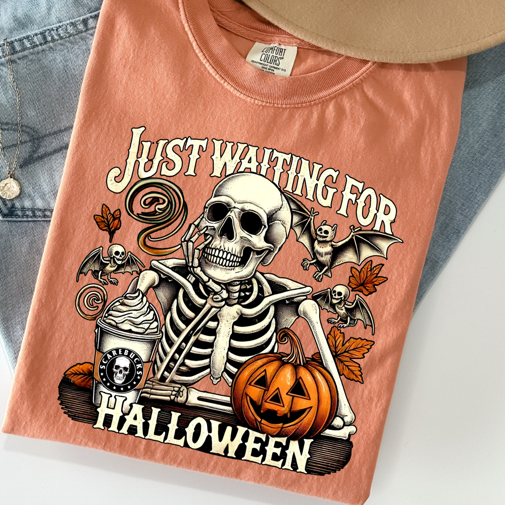 Just Waiting for Halloween Shirt – Comfort Colors Skeleton Tee, Funny Fall Coffee Shirt, Pumpkin Spice Skeleton T-Shirt, Retro Halloween Graphic Tee