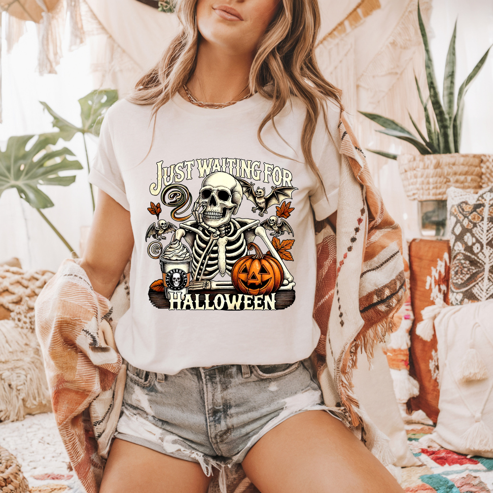 Just Waiting for Halloween Shirt – Comfort Colors Skeleton Tee, Funny Fall Coffee Shirt, Pumpkin Spice Skeleton T-Shirt, Retro Halloween Graphic Tee