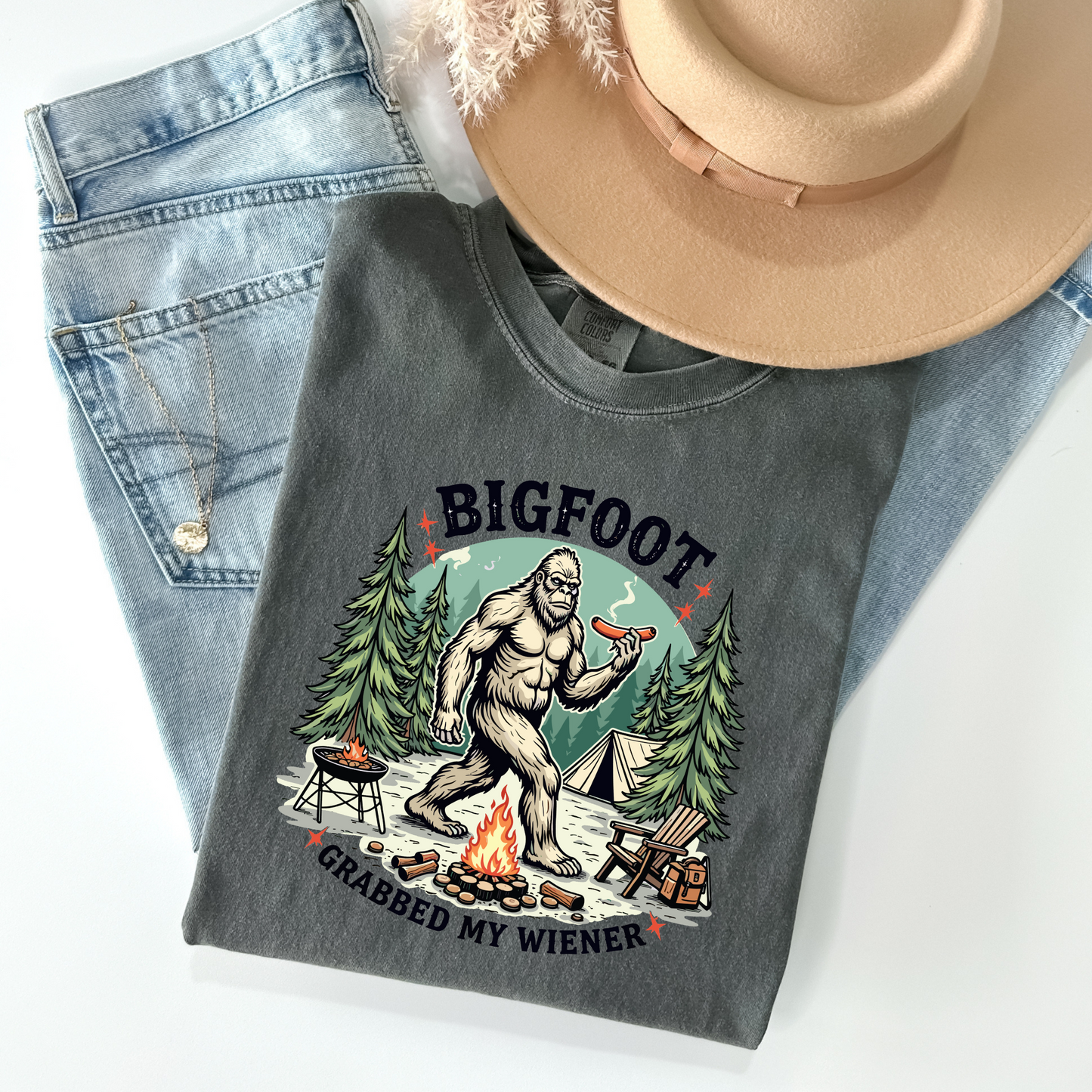 Bigfoot Grabbed My Wiener Shirt β Funny Sasquatch Campfire Tee on Comfort Colors