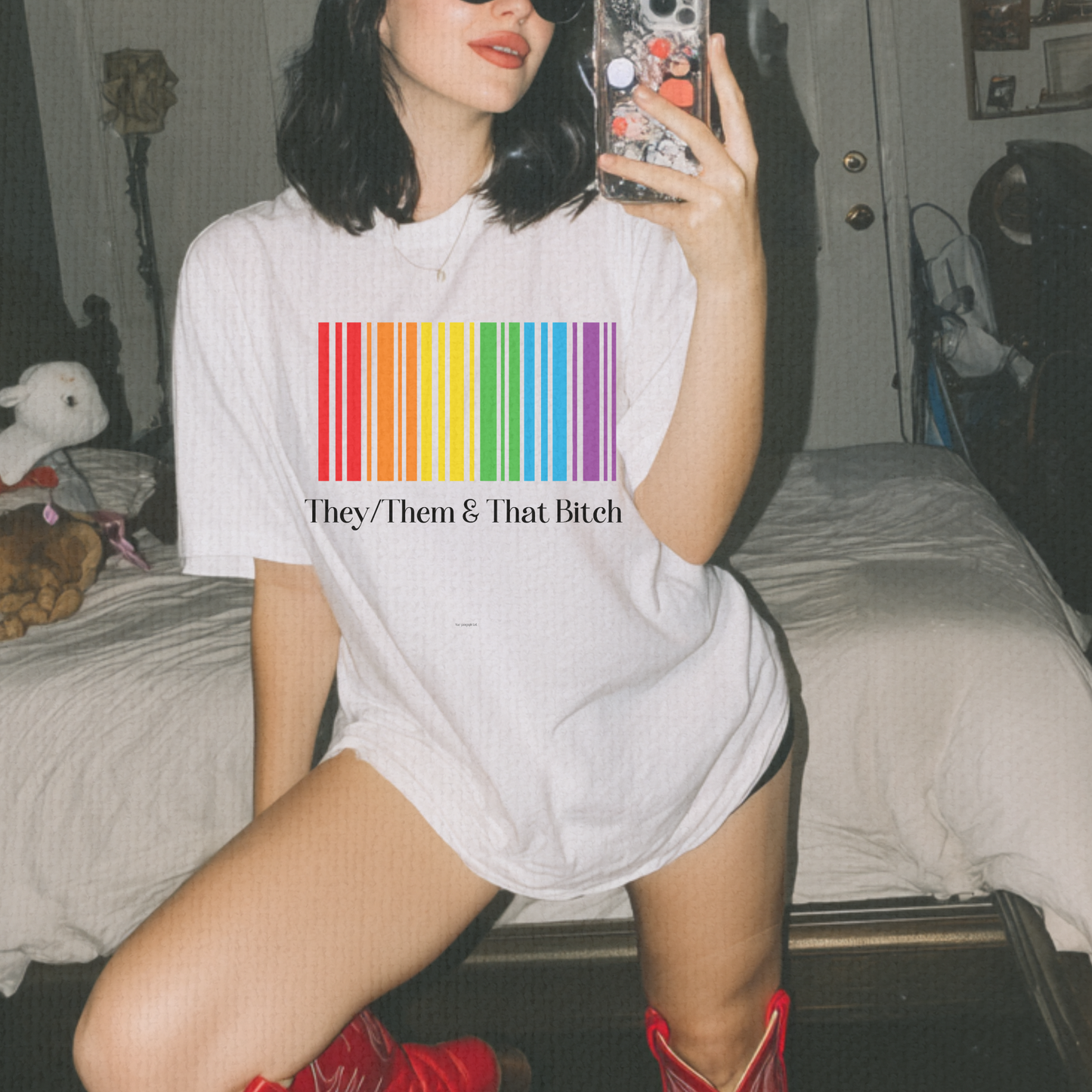 They/Them & That Bitch Tee – Rainbow Barcode Pride Shirt, Queer Graphic Tee, Nonbinary LGBTQ+ Apparel