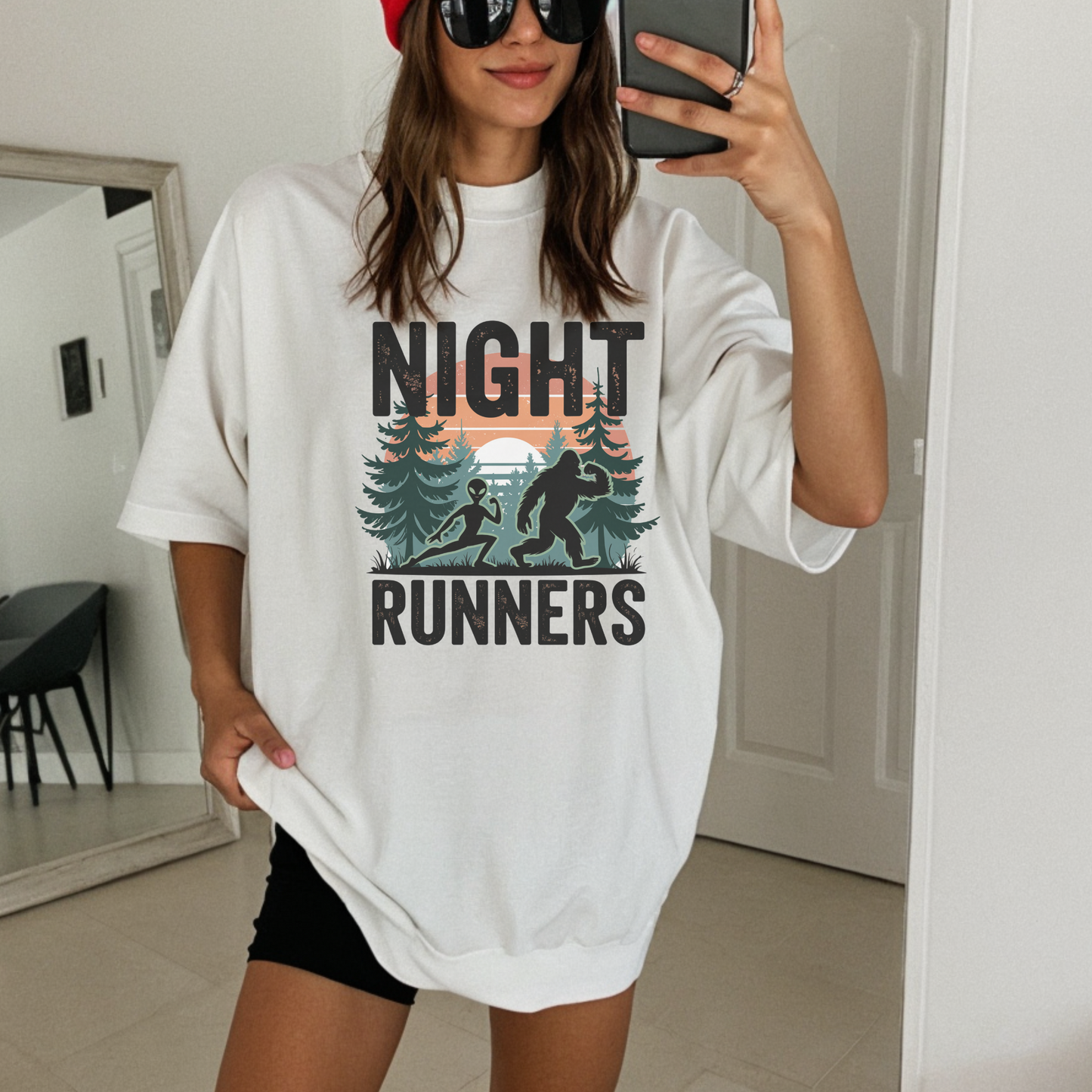 Night Runners Tee – Funny Alien & Bigfoot Running Shirt on Comfort Colors