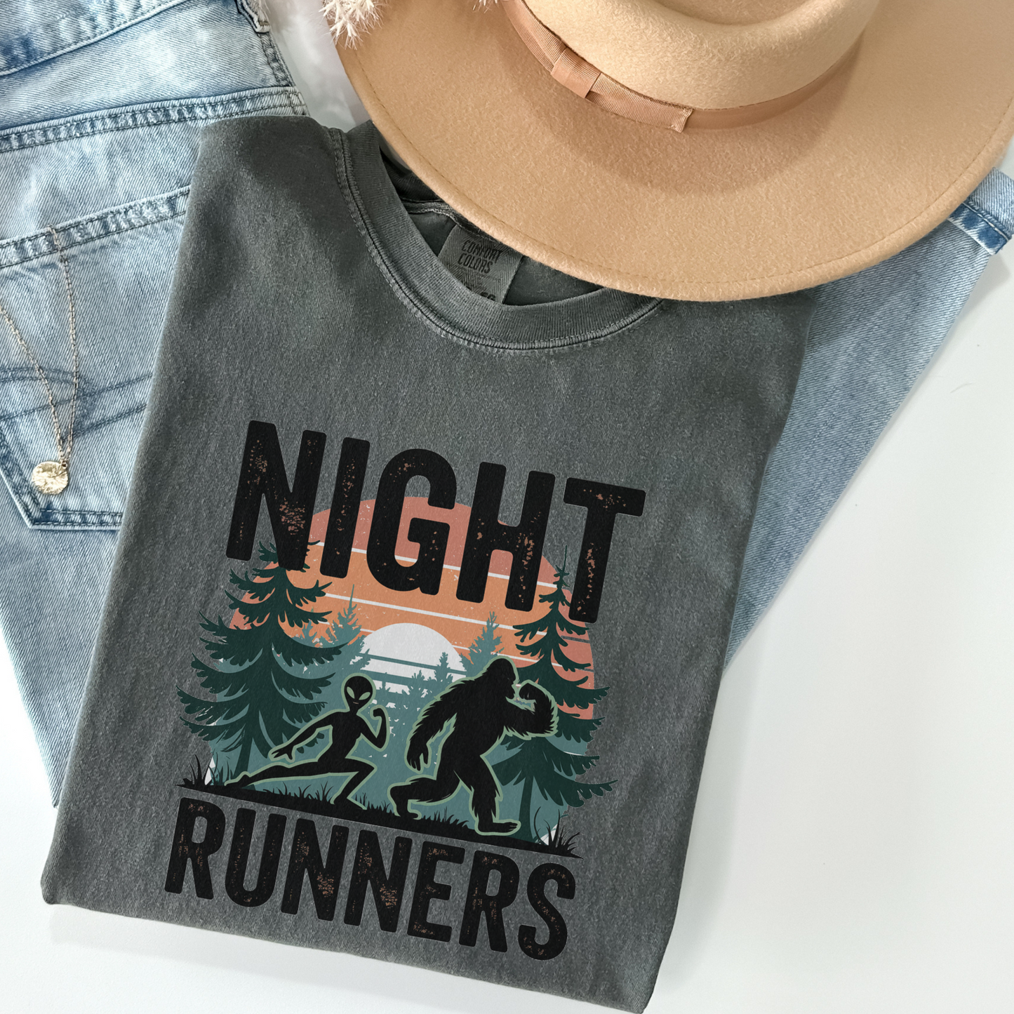 Night Runners Tee – Funny Alien & Bigfoot Running Shirt on Comfort Colors