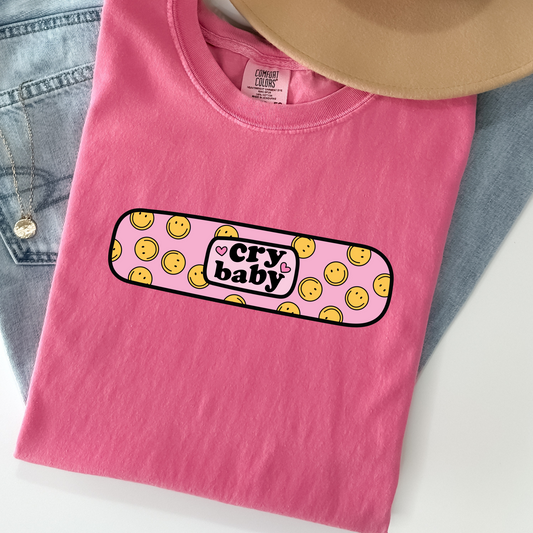 Cry Baby Tee – Cute Pastel Comfort Colors Shirt with Bandage Graphic, Soft Sarcastic Mental Health T-Shirt