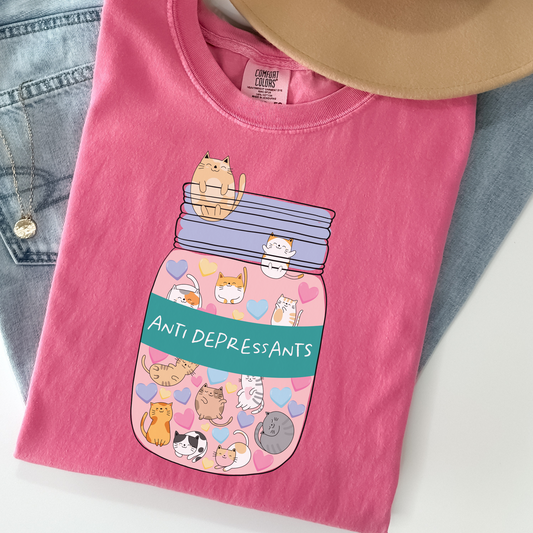 Anti-Depressants Cat Tee – Funny Comfort Colors Shirt, Pastel Mental Health Graphic T-Shirt, Emotional Support Cat Tee