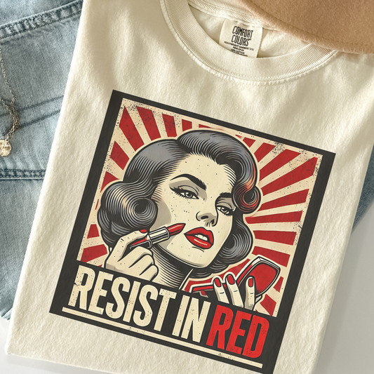 Resist in Red Shirt – Feminist Red Lipstick Tee – Vintage Protest Graphic Comfort Colors Tee – Bold Feminist Shirt