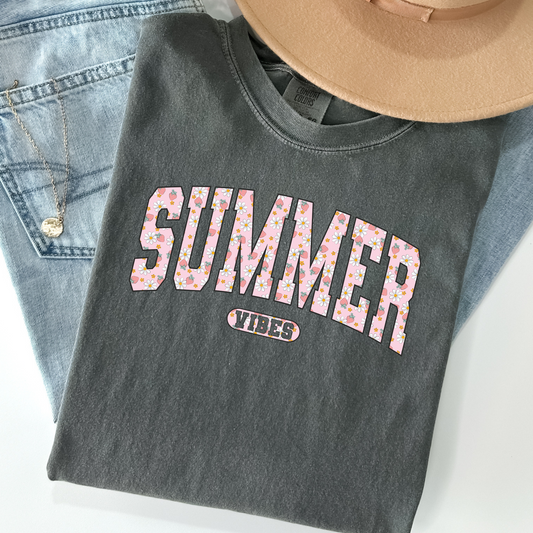 Summer Vibes Shirt – Floral Varsity Comfort Colors Tee for Beachy Mood Boosts