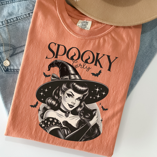 Spooky Girly Tee – Vintage Halloween Pin-Up Witch Shirt | Comfort Colors