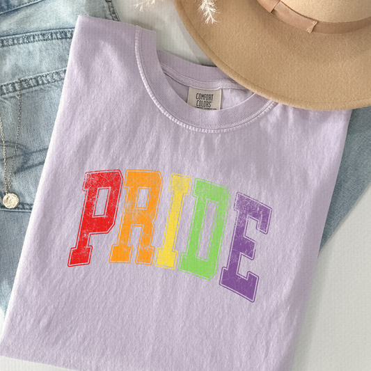 PRIDE Block Letter Tee – Retro Rainbow Comfort Colors Shirt, LGBTQ+ Graphic Tee, Unisex Pride Month Apparel