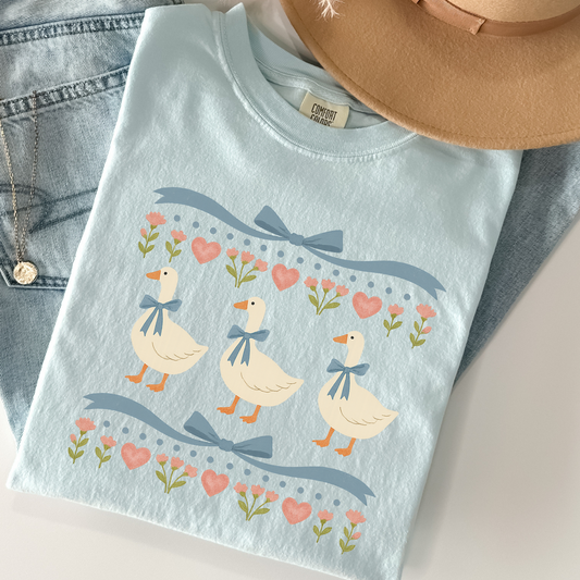 Vintage Style Goose Tee – Bow and Heart Comfort Colors Tee – Farmhouse Aesthetic Shirt