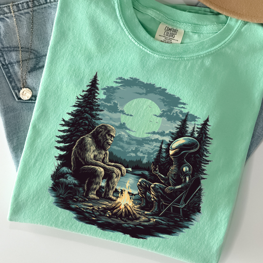 Alien and Bigfoot Campfire Shirt – Cryptid Comfort Colors Tee | Weird Outdoors Graphic