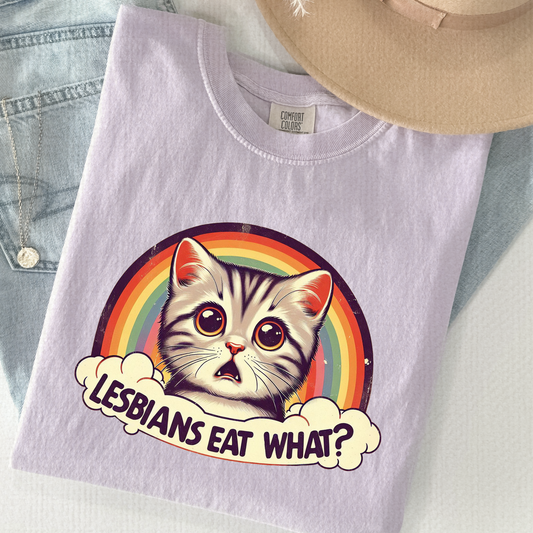 Lesbians Eat What? Funny Cat Tee – Retro Rainbow Pride Shirt
