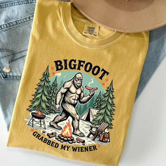 Bigfoot Grabbed My Wiener Shirt – Funny Sasquatch Campfire Tee on Comfort Colors