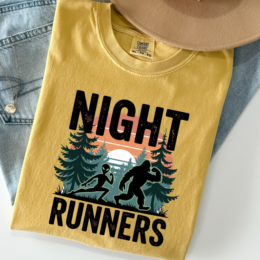 Night Runners Tee – Funny Alien & Bigfoot Running Shirt on Comfort Colors